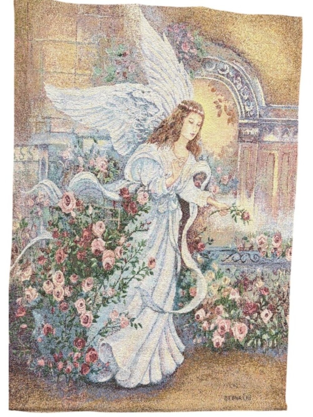 Angel Love Tapestry Wall Hanging Lena Liu Floral Design Wood Rod Top Bottom USA